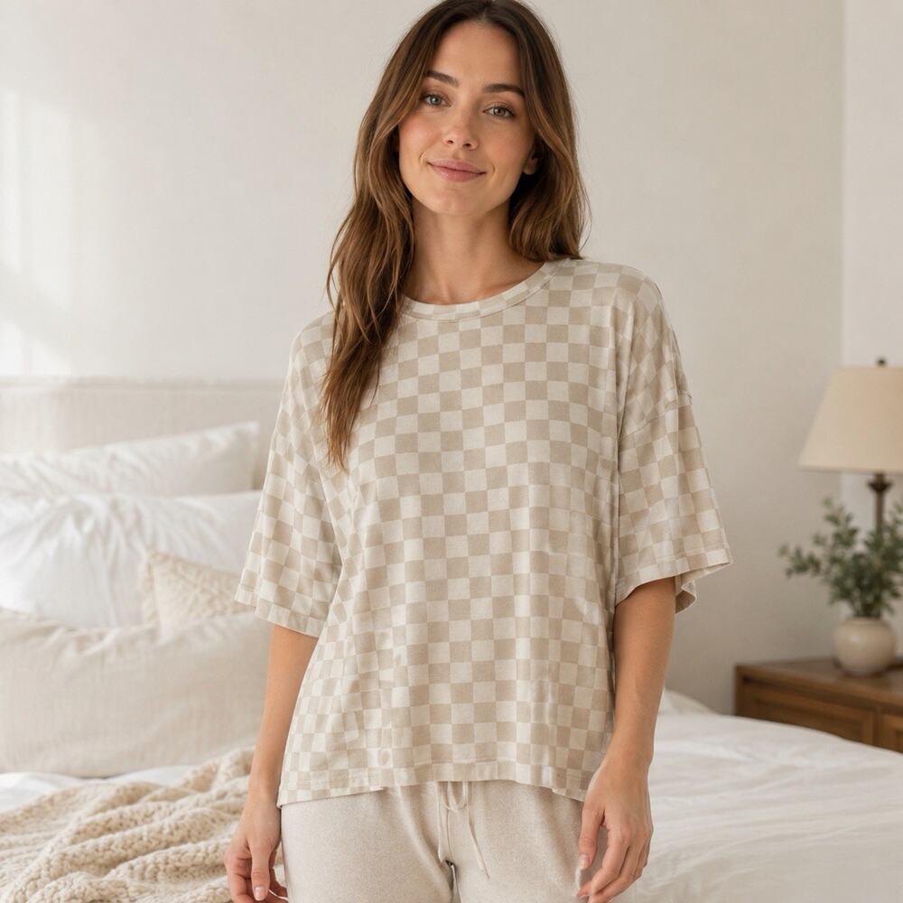 Forever French Womens M Pajama Top Beige Cream Checkerboard Bamboo Sleep Shirt